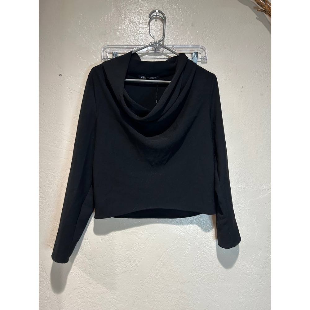 Zara Womens Black Cowl Neck Long Sleeve Cropped Top Size Small Business Casual